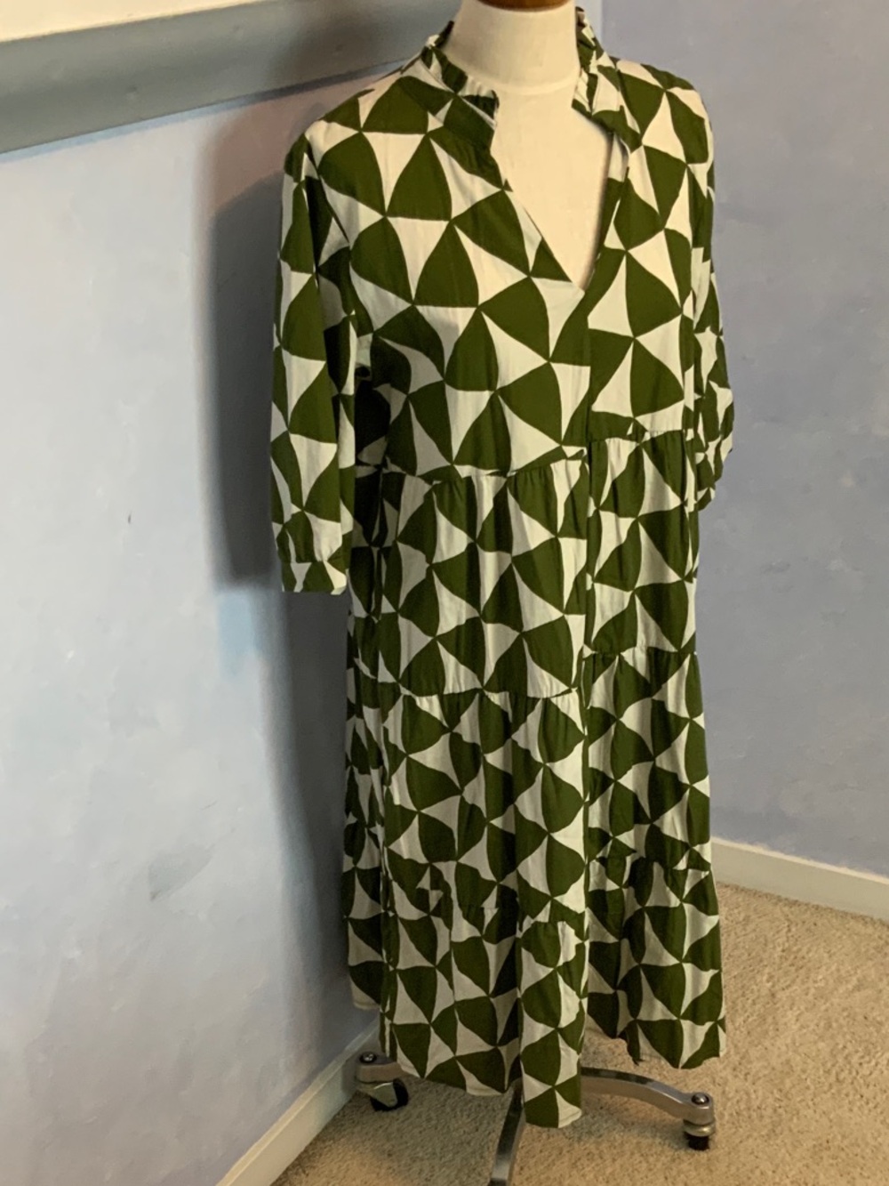 Olive Green Geometric Tiered Midi Dress